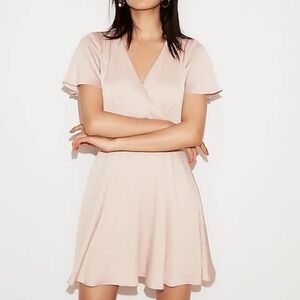 Satin Surplice Flutter Sleeve Fit And Flare Dress